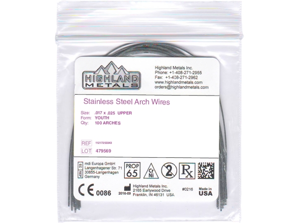 Stainless steel, Archwires, Youth, RECTANGULAR