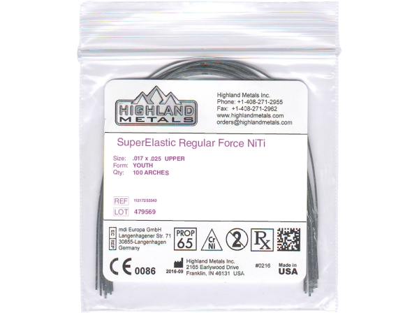 Nickel Titianium superelastic (SE), Youth, RECTANGULAR (Highland Metals Inc.)